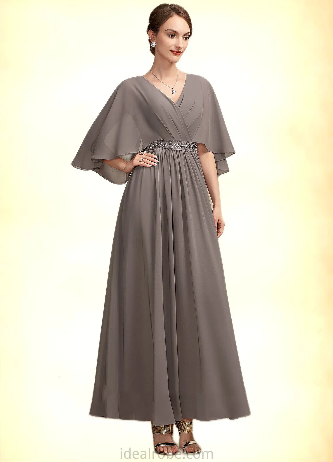 Janessa A-Line V-neck Ankle-Length Chiffon Mother of the Bride Dress With Ruffle Beading STK126P0014723