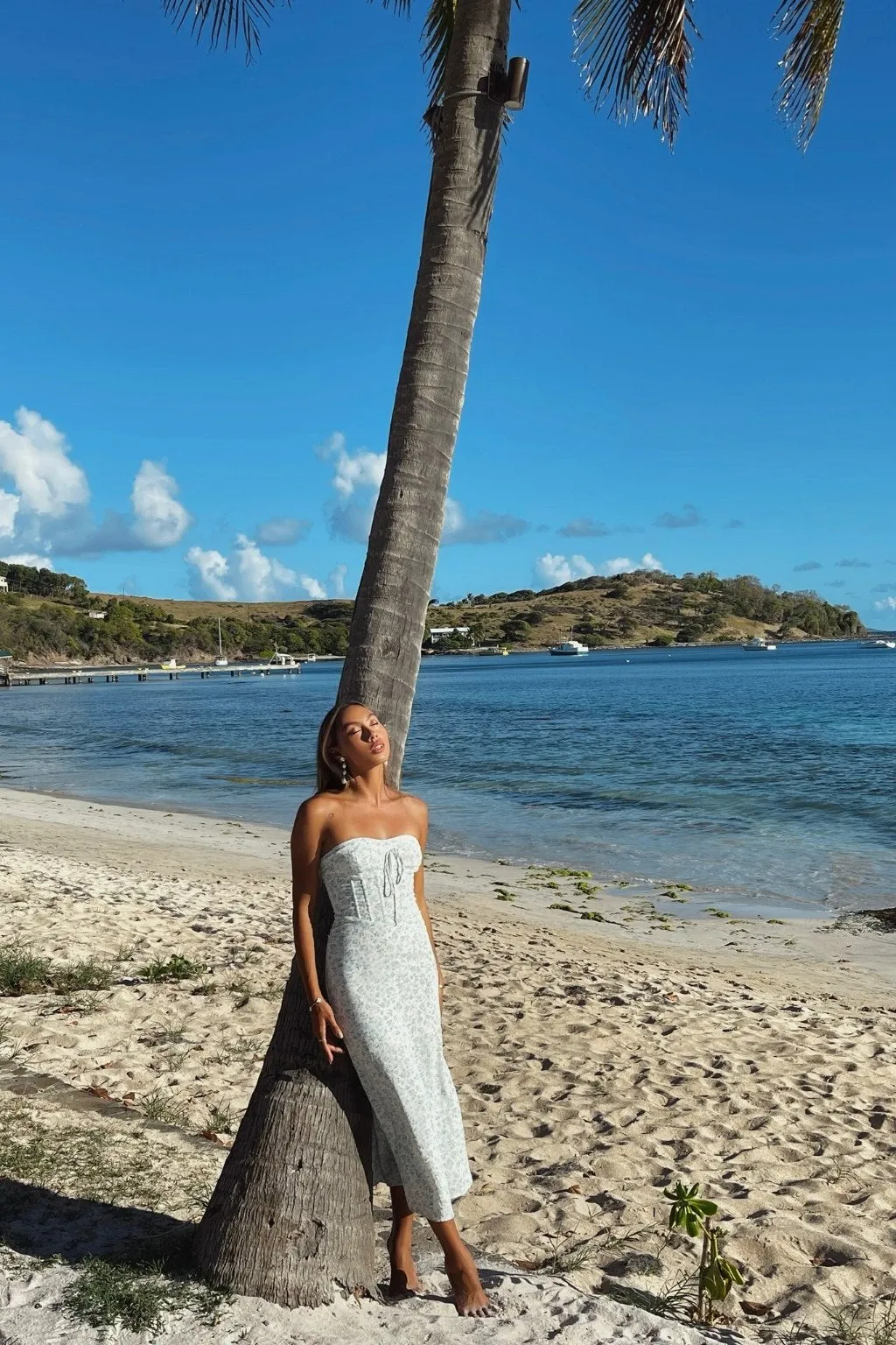 Katalina White and Blue Floral Strapless Maxi Dress