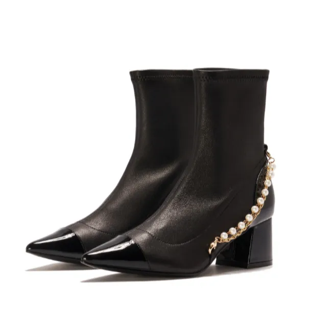 Ladies Pearl & Chain Leather Ankle Boot 5413