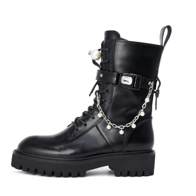 Ladies Pearl Leather Military Boot 5563