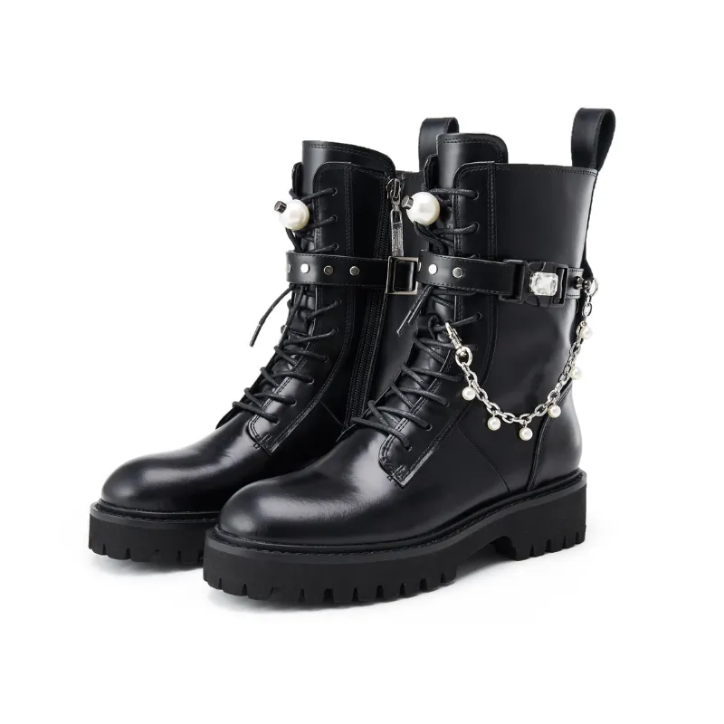 Ladies Pearl Leather Military Boot 5563