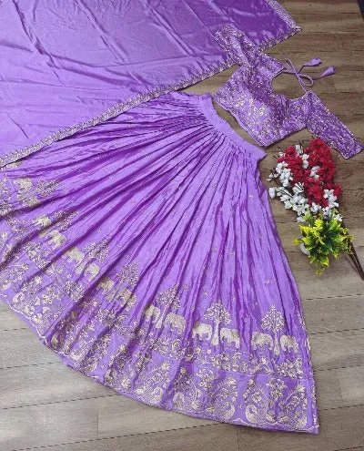 Lavender Chinon Embroidery Work Lehenga Choli