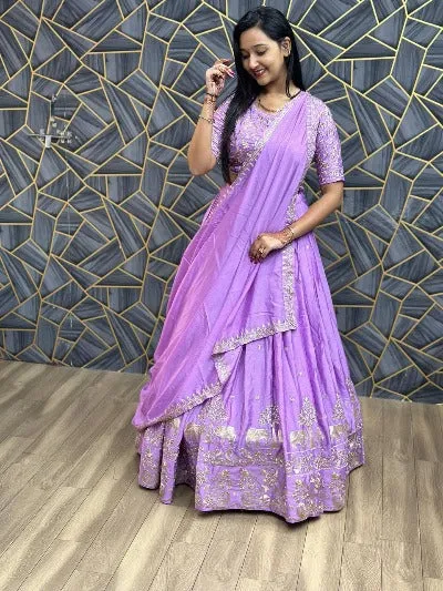 Lavender Chinon Embroidery Work Lehenga Choli