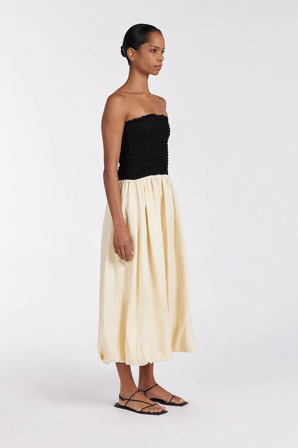 LEN BLACK STRAPLESS MIDI DRESS