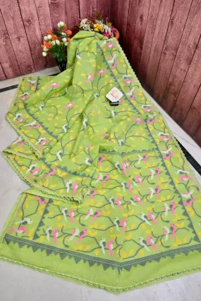 Light Green Jamdani Saree with Check Work and Lace Work