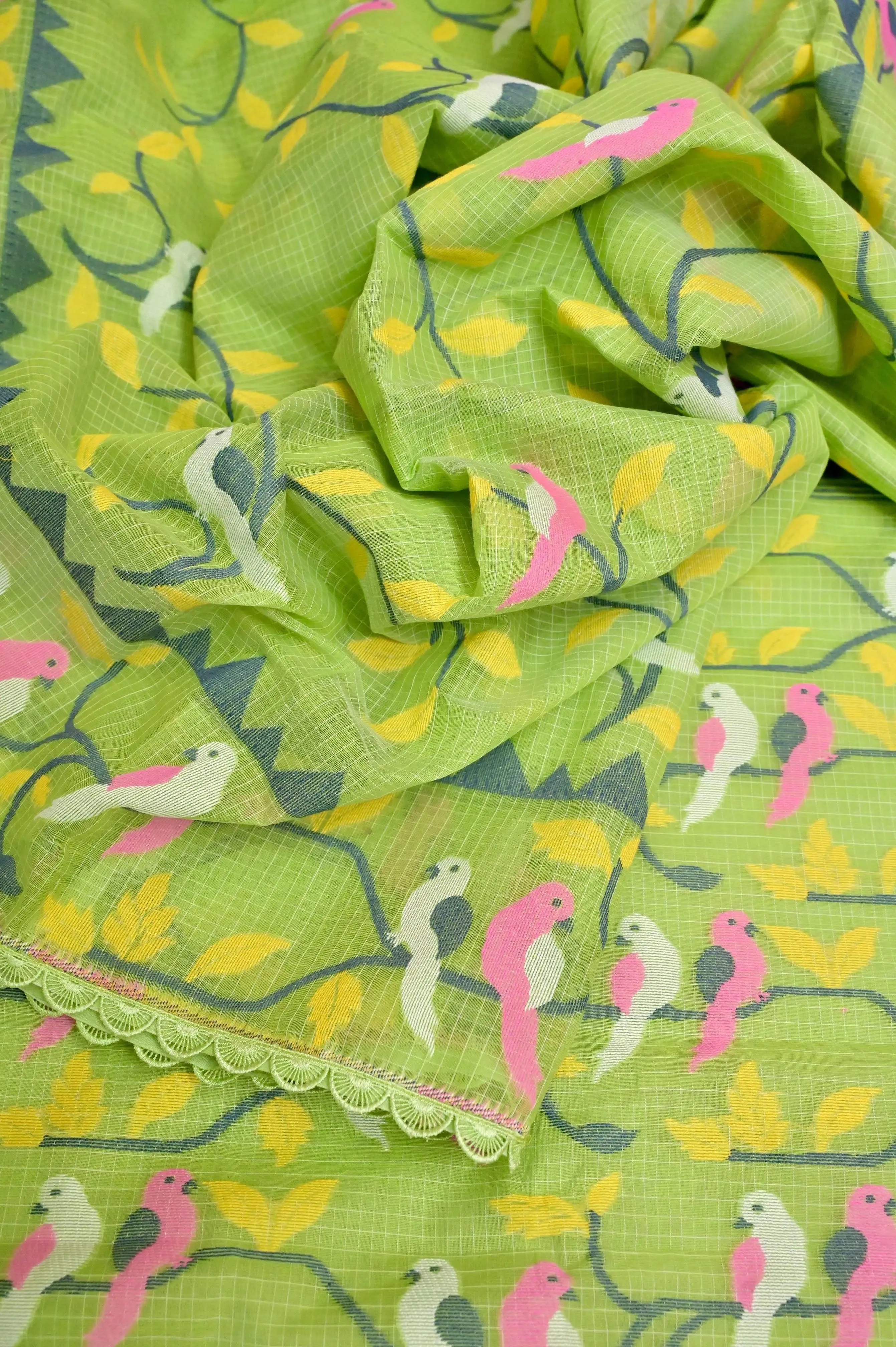 Light Green Jamdani Saree with Check Work and Lace Work