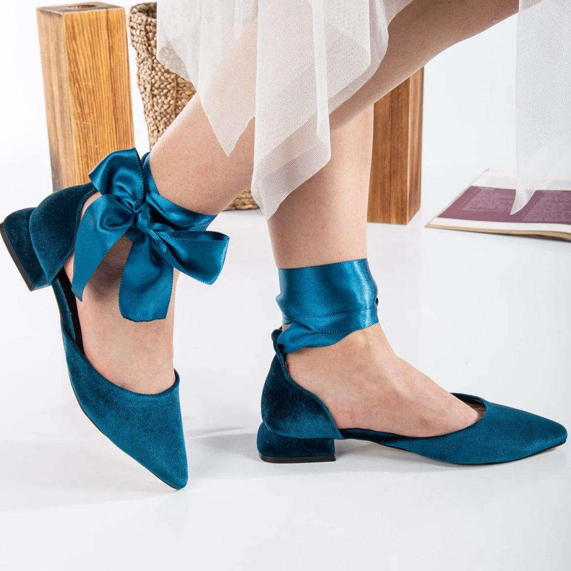 Madeline Vegan Velvet Ribbon Flats | Teal Blue