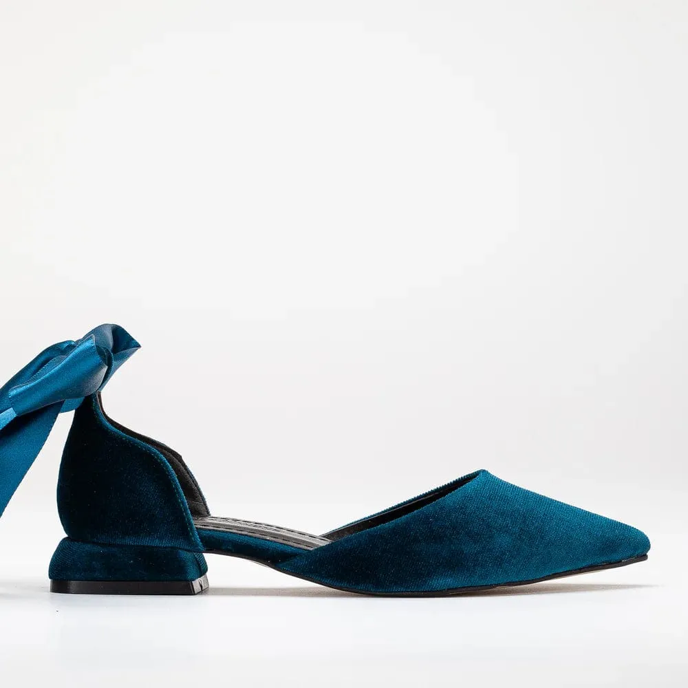 Madeline Vegan Velvet Ribbon Flats | Teal Blue