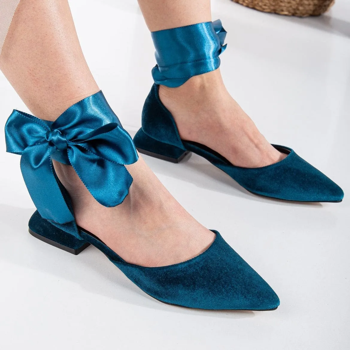 Madeline Vegan Velvet Ribbon Flats | Teal Blue