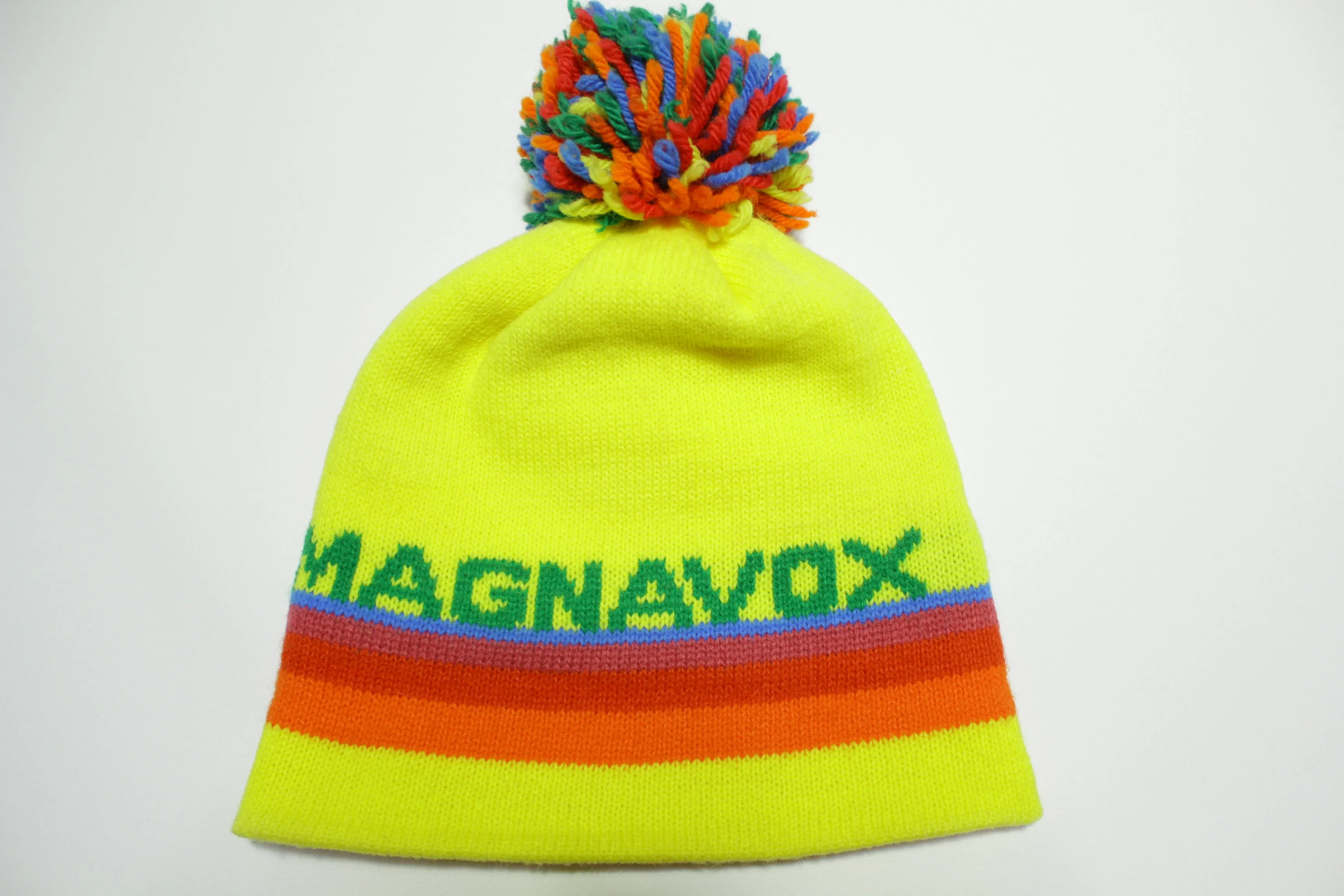 Magnavox Knit Stocking Snow Cap Hat Beanie With Tassel Ball Vintage 1970's 1980's