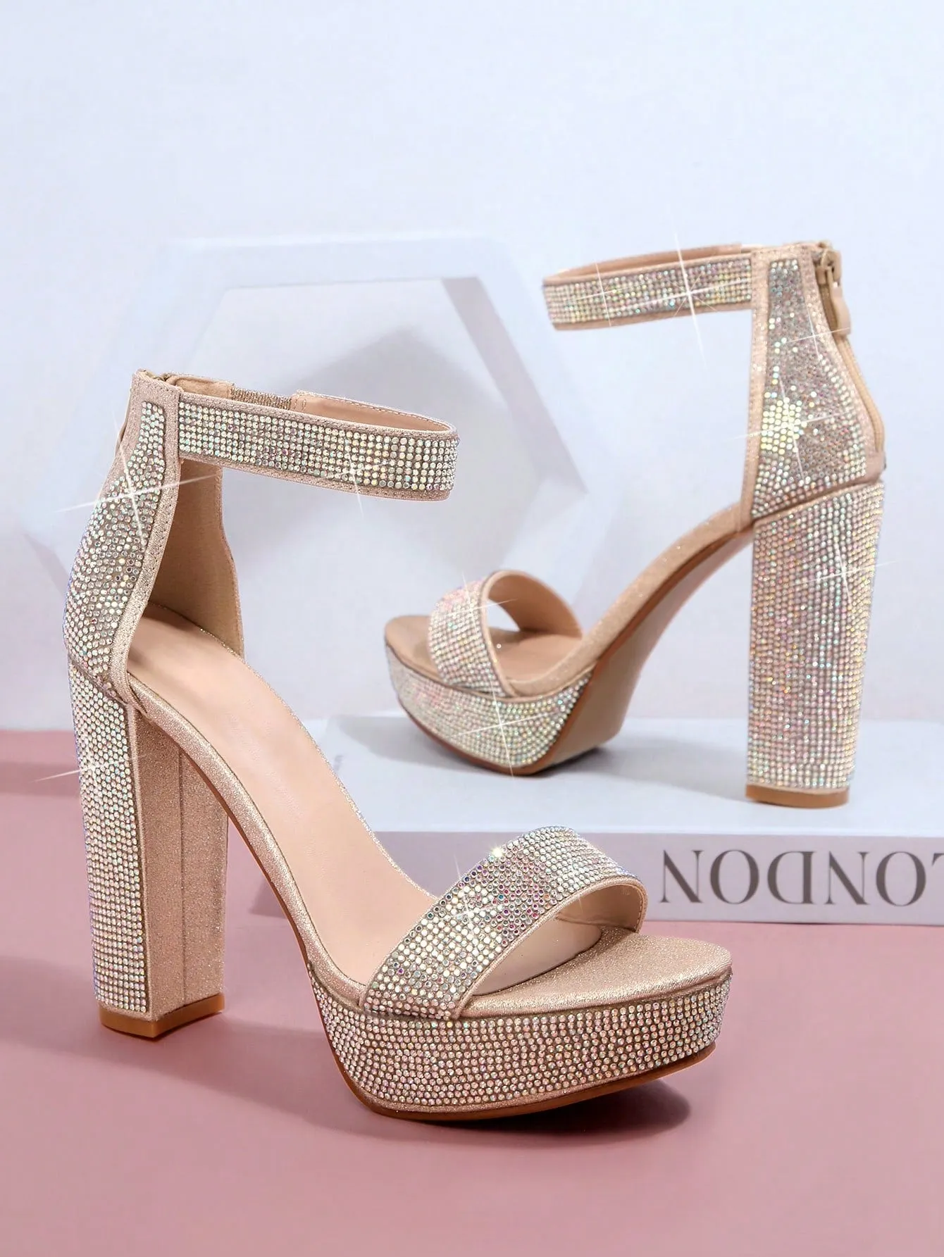 Metallic PU Open Toe Ankle Strap Platform Heels