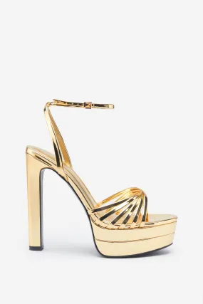 Mirror Mirror | Gold Mirror Strappy Heeled Platform Sandals