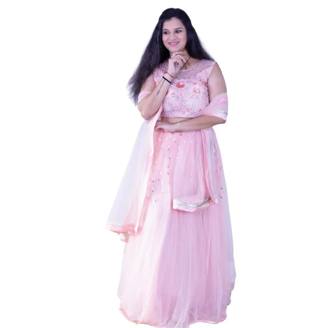 Mirror work embroidered lehenga choli set - Peach