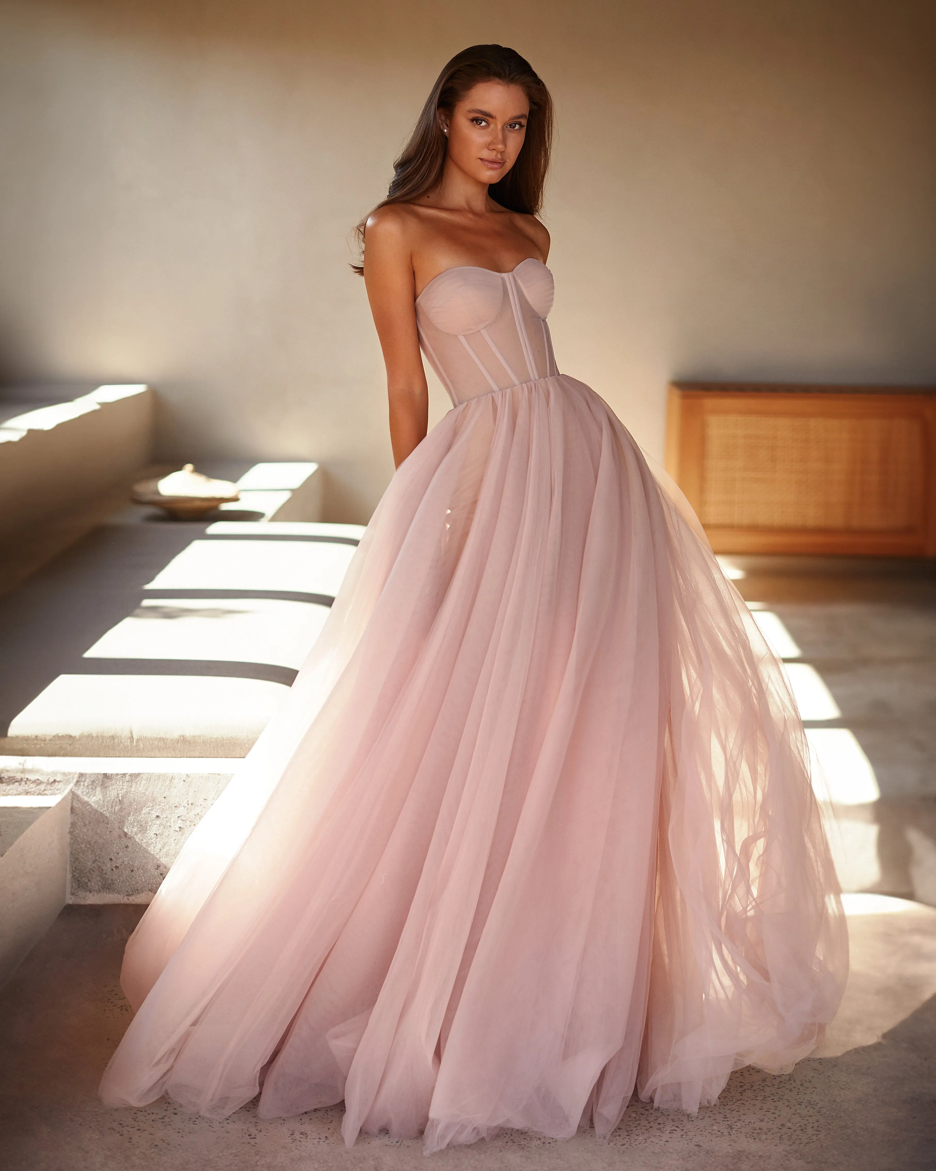 Misty Rose Tulle Maxi Dress with a Corset Bustier