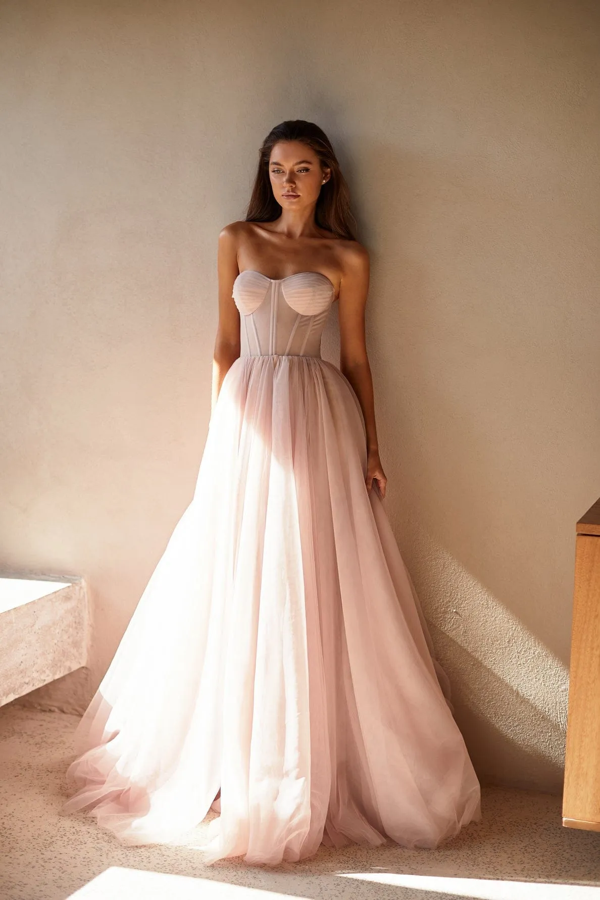 Misty Rose Tulle Maxi Dress with a Corset Bustier