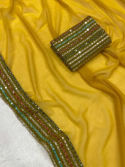 Mustard Yellow Smooth Georgette Multicolour Sequins Work Saree