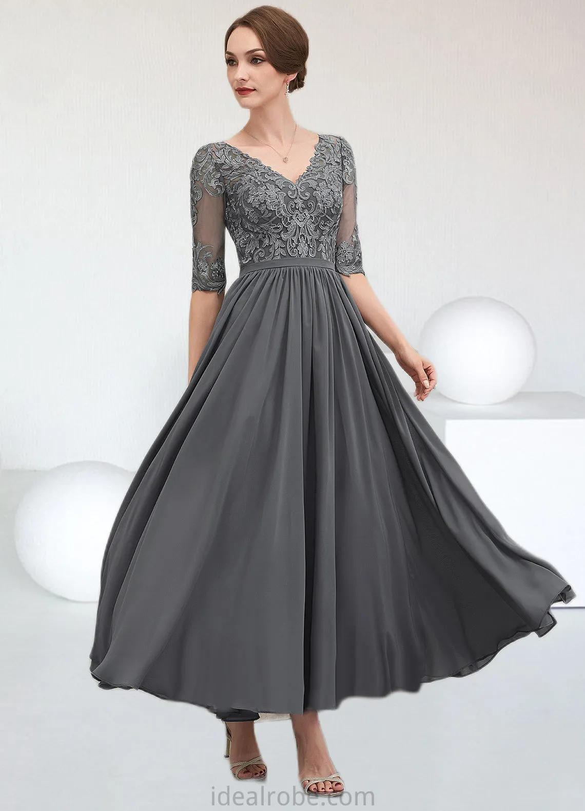 Nita A-line V-Neck Ankle-Length Chiffon Lace Mother of the Bride Dress STK126P0014760