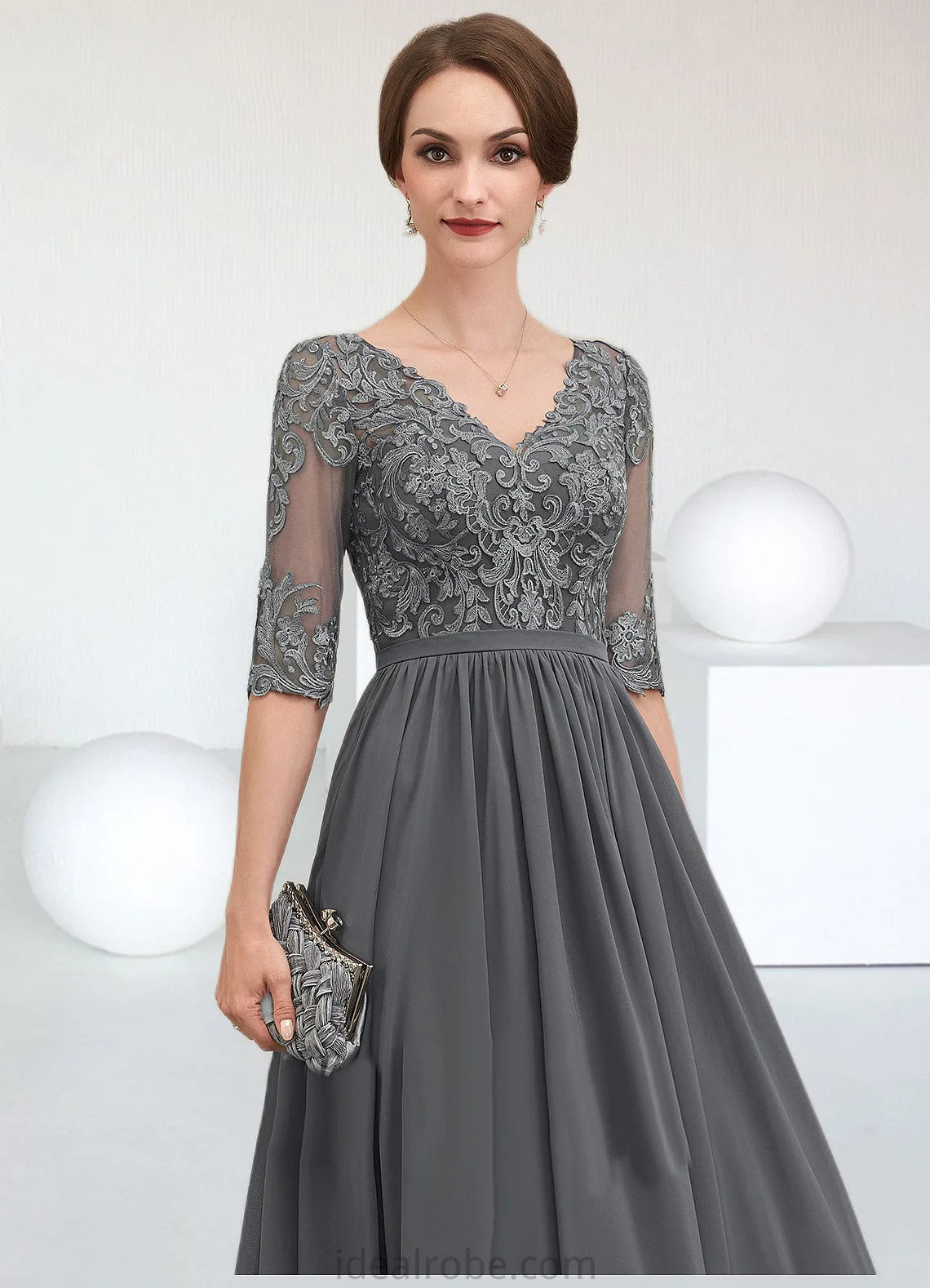 Nita A-line V-Neck Ankle-Length Chiffon Lace Mother of the Bride Dress STK126P0014760