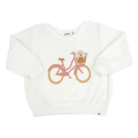 oh baby! Cotton Terry Boxy Sweatshirt - Bicycle Puppy Basket Applique - Snow