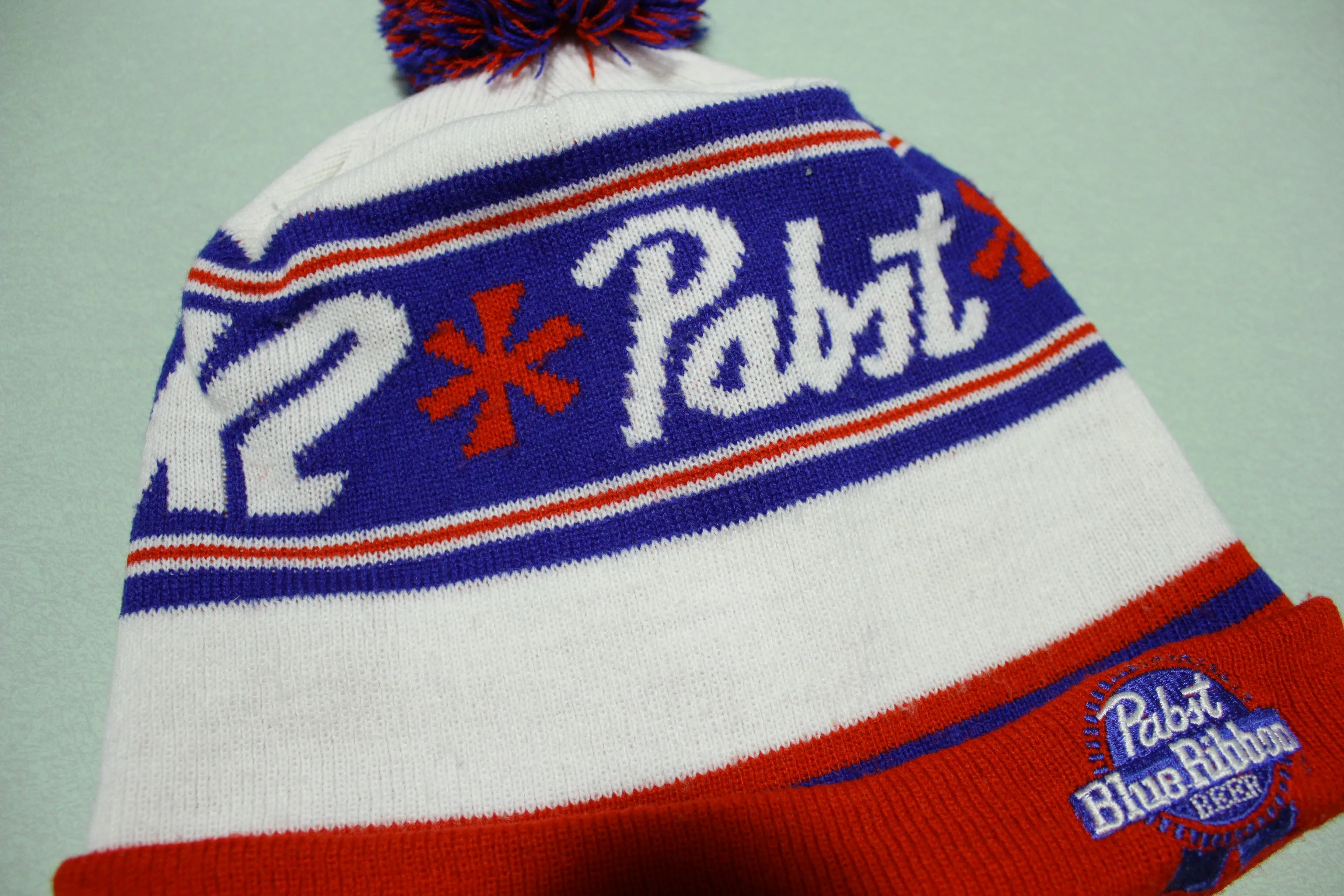 Pabst Blue Ribbon Beer K2 Vintage Pom Beanie Snow Ski 80's Stocking Cap Hat