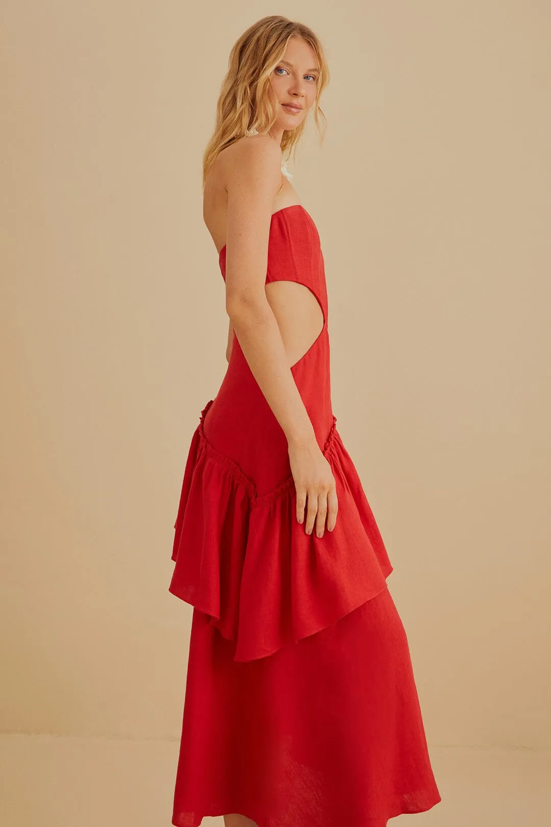 Red Cut Out Strapless Midi Dress