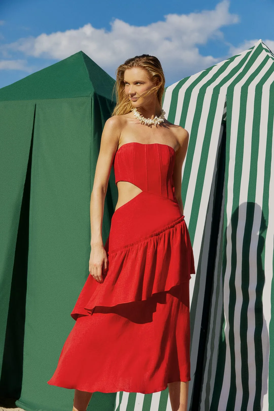 Red Cut Out Strapless Midi Dress