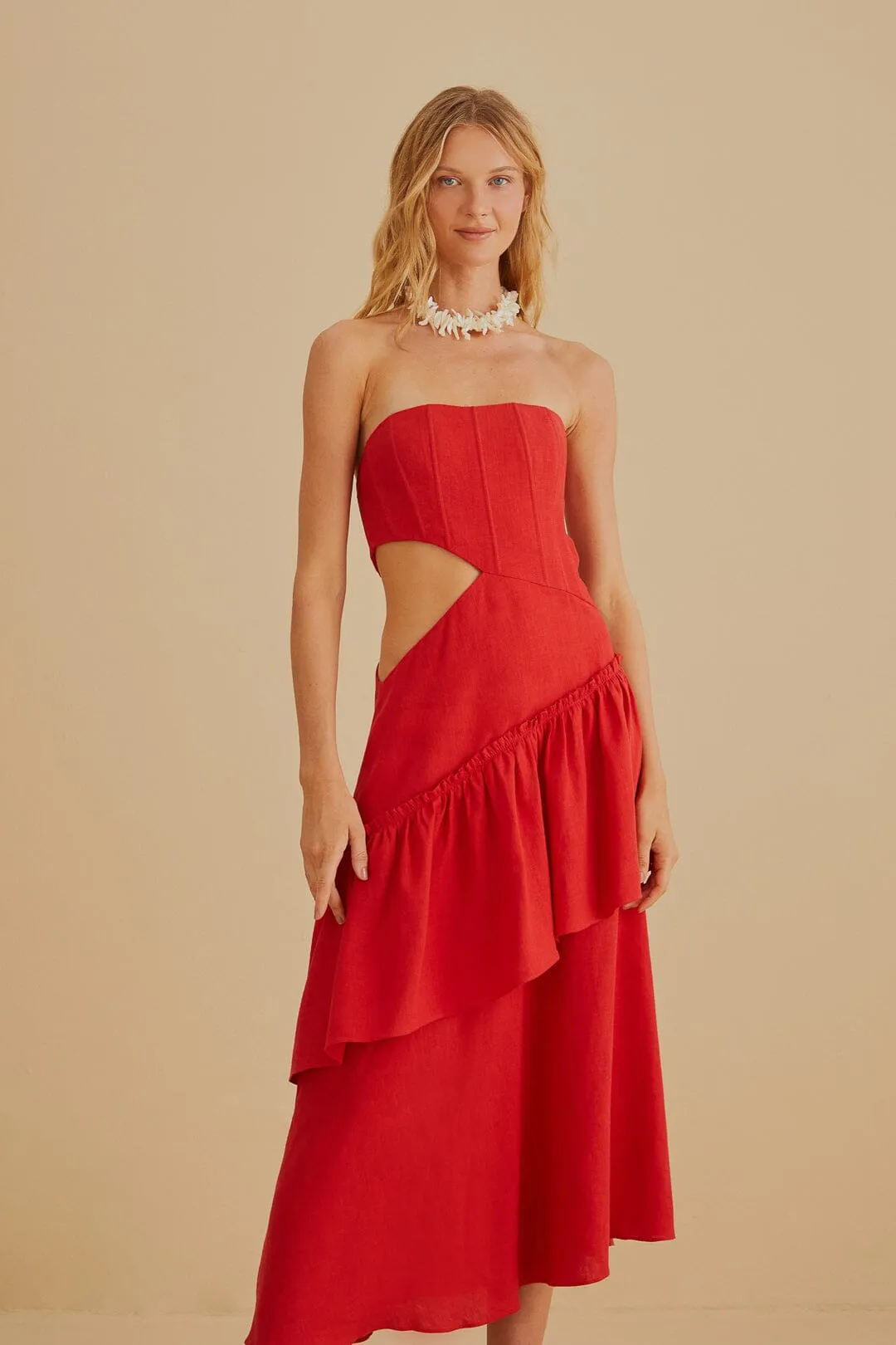 Red Cut Out Strapless Midi Dress