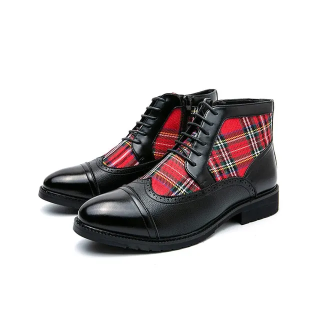 Red Plaid Canvas Round Toe Boots