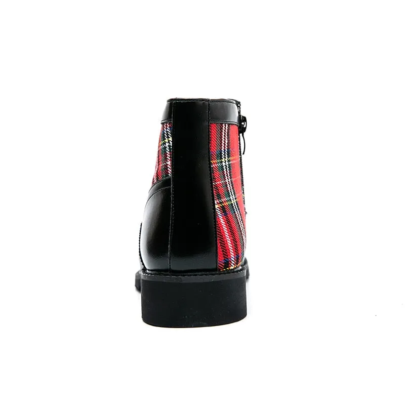 Red Plaid Canvas Round Toe Boots