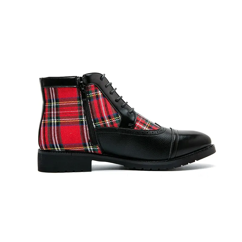 Red Plaid Canvas Round Toe Boots