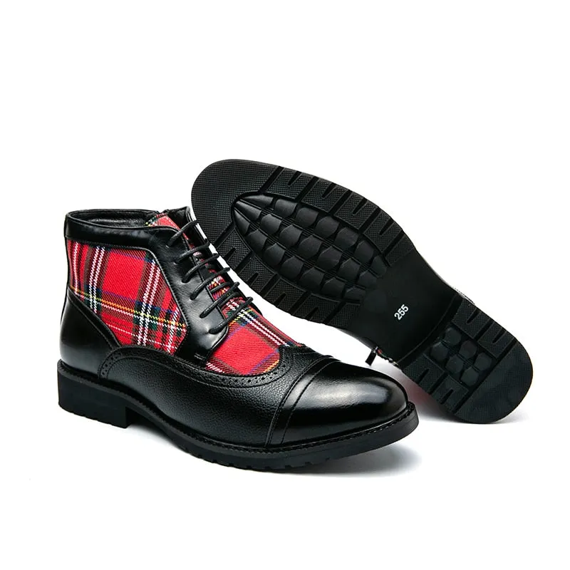 Red Plaid Canvas Round Toe Boots