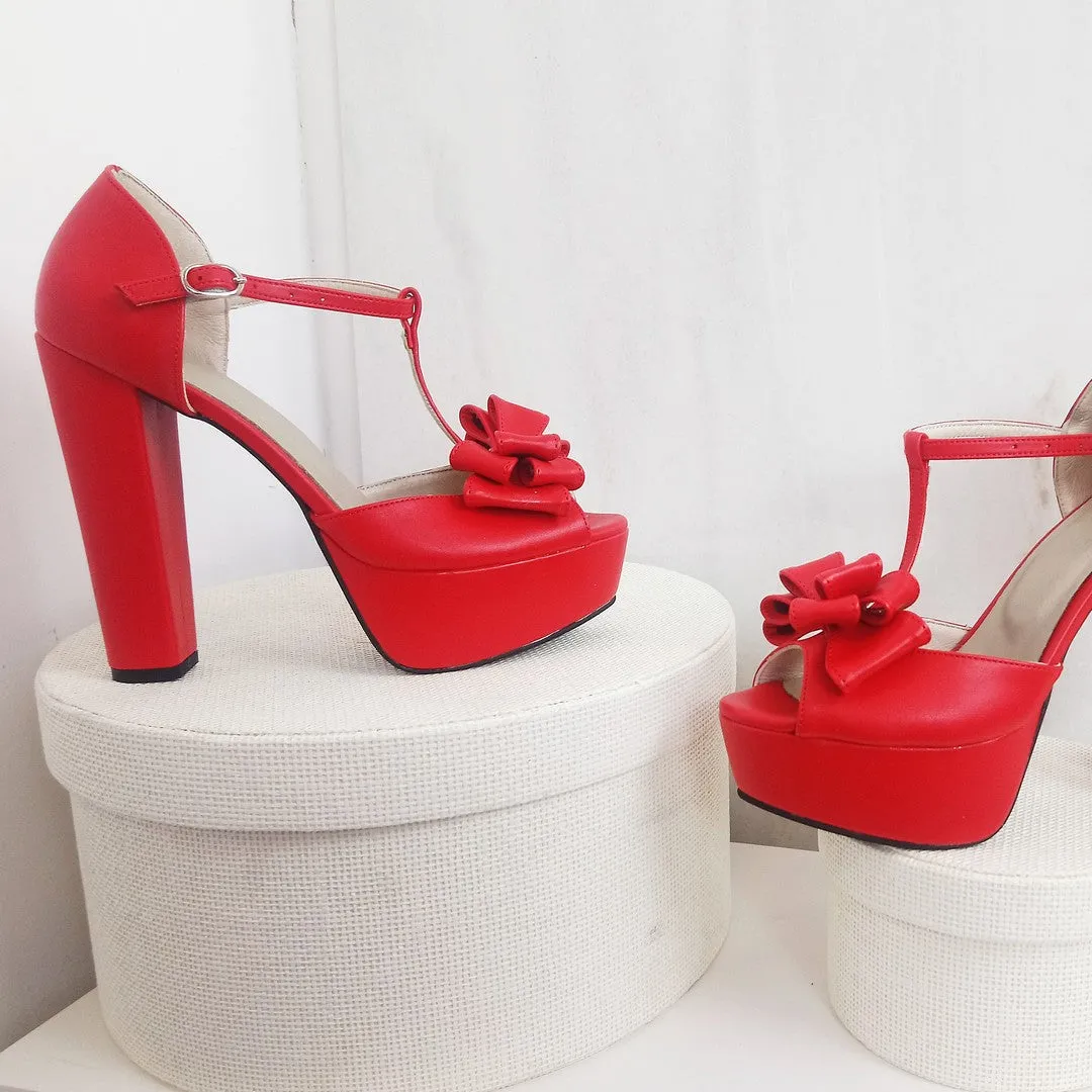 Red Ribbon Chunky High Heels