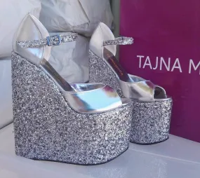 Sandals Ankle Strap Silver Glitter Wedge Heel Platform High Heels Shoes