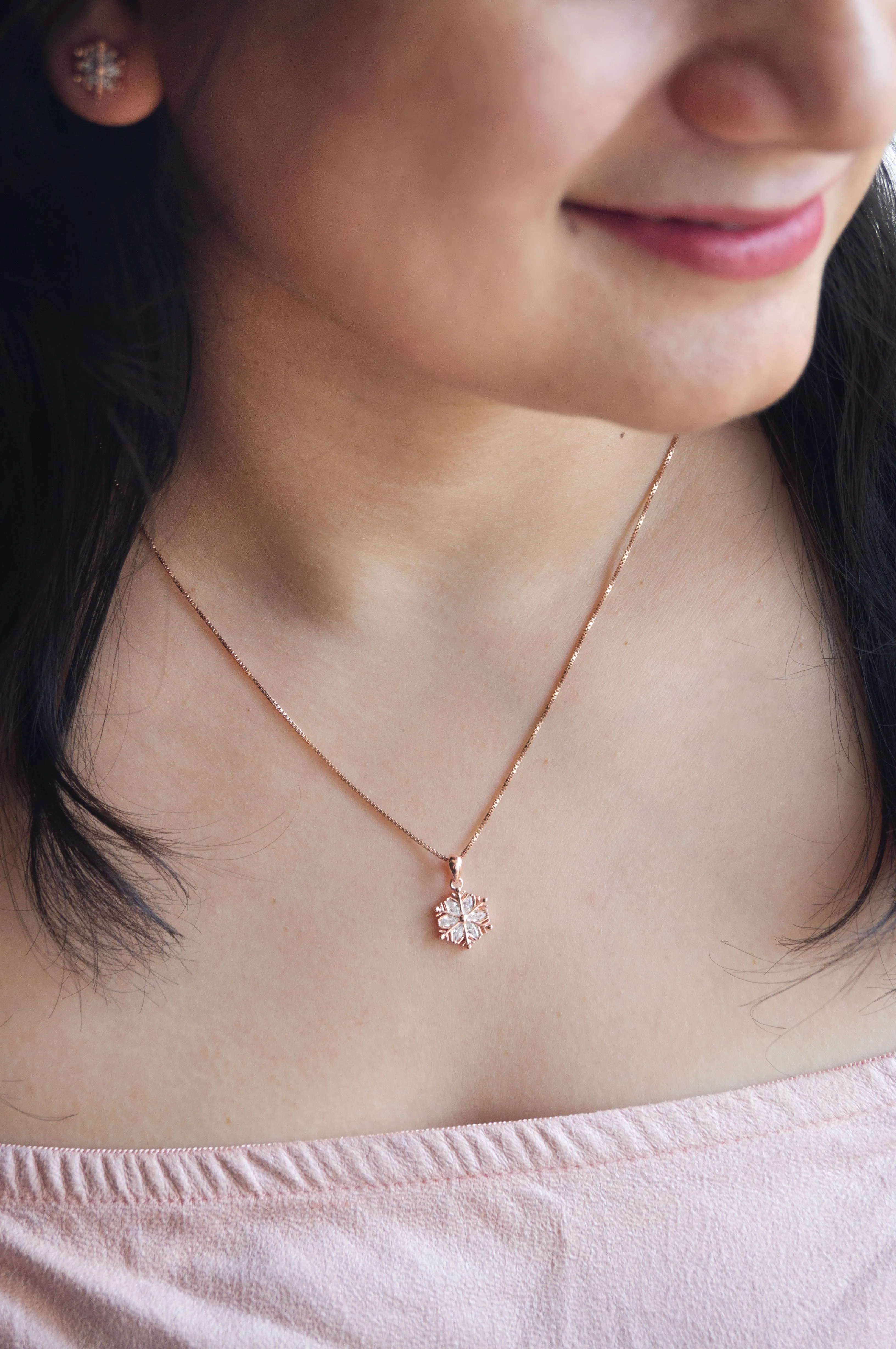 Snow Flake Rose Gold Plated Sterling Silver Pendant Set