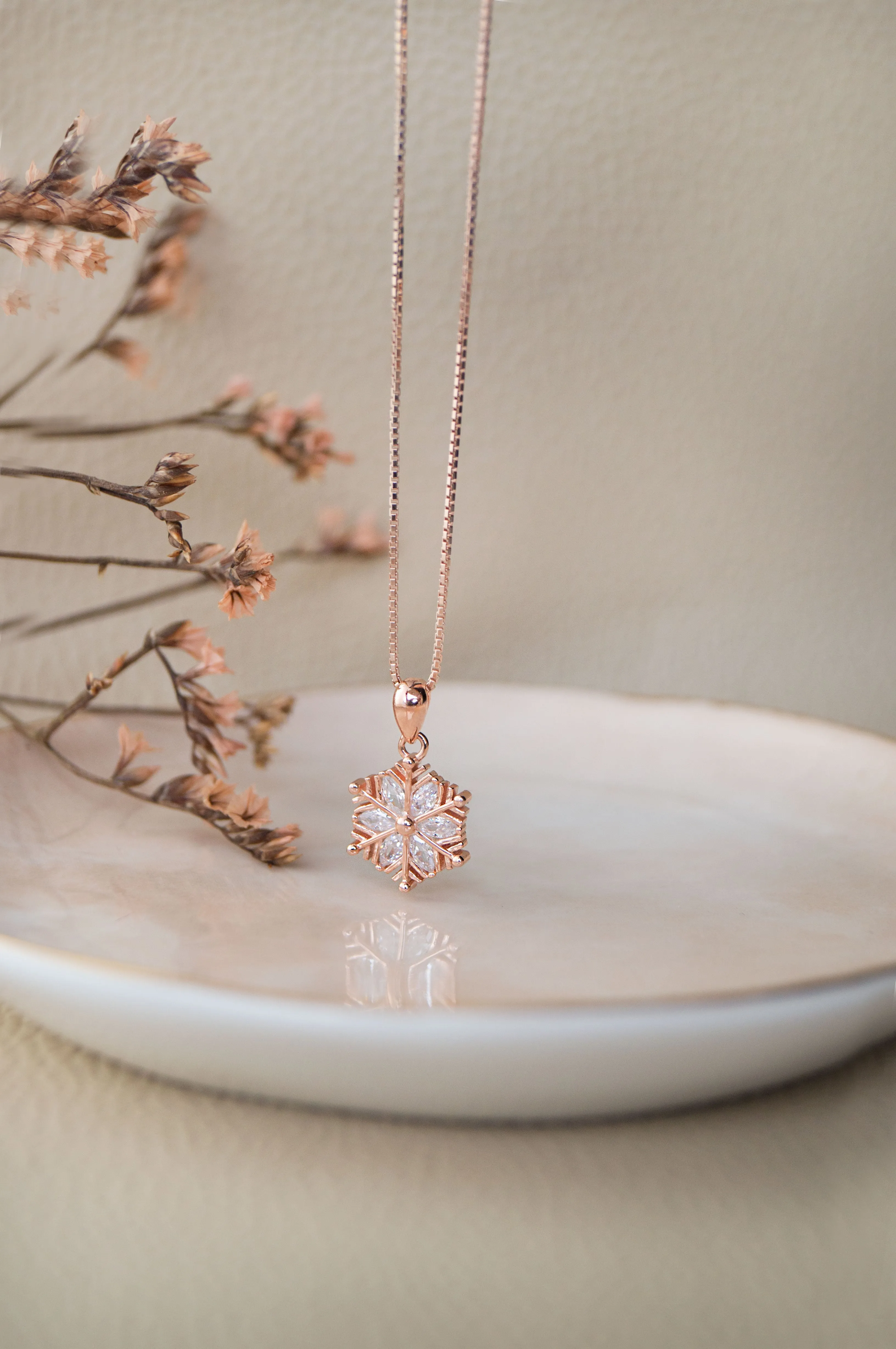 Snow Flake Rose Gold Plated Sterling Silver Pendant Set