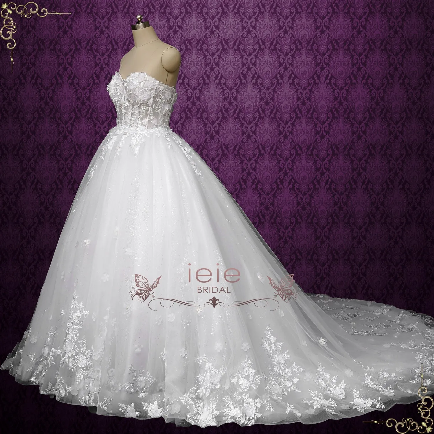 Strapless Ball Gown Lace Wedding Dress with 3D Flowers ROYALE