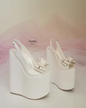 Wedding Peeptoe White Bow  Wedge Heel Black Platform High Heels Shoes