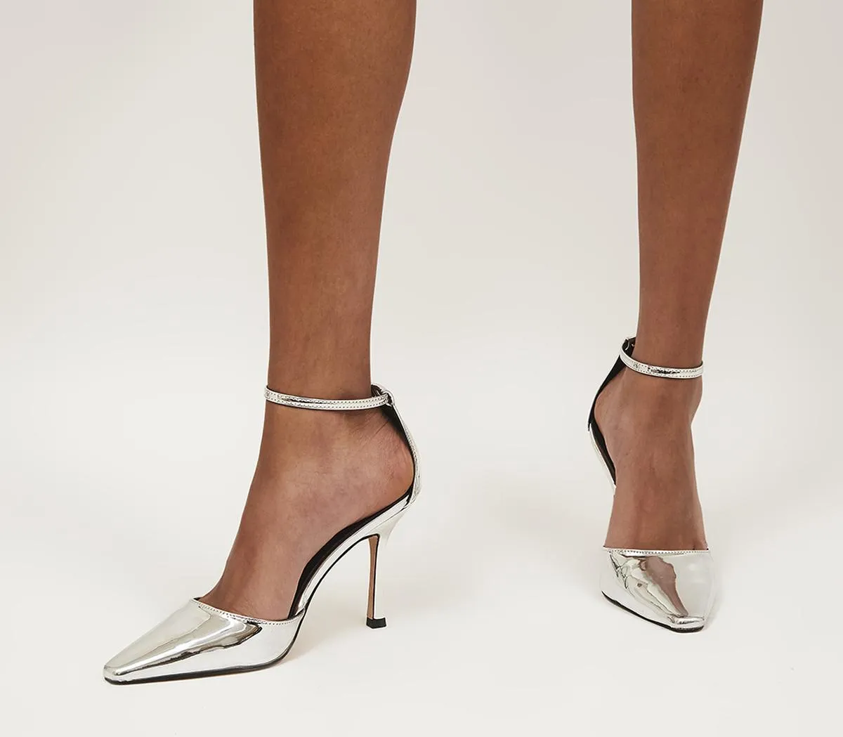 Womens Office Habit Chisel Toe Ankle Strap Courts Silver